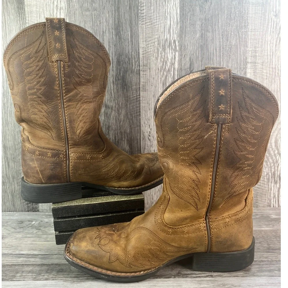 Ariat Kids Brown Leather Western Cowboy Boots Square Toe 10017313 Size 1 US